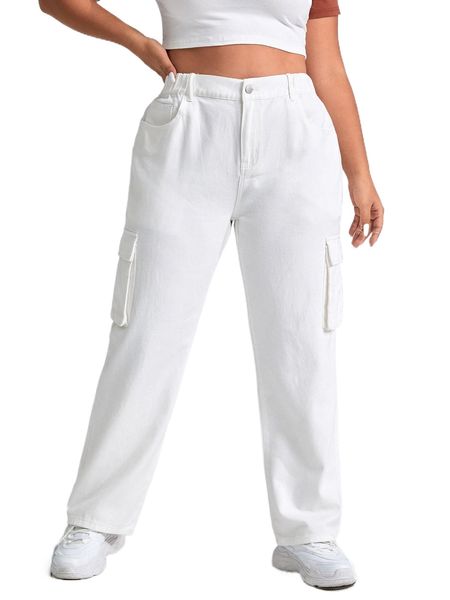 

plus high waist flap pocket side cargo jeans c7b8#, Blue