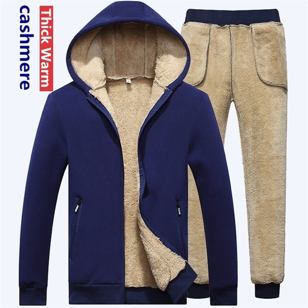 

lamb cashmere tracksuit men winter fleece thick men hoodie pant brand casual hooded track suit warm cashmere winter sweatshirt lj201125, Gray
