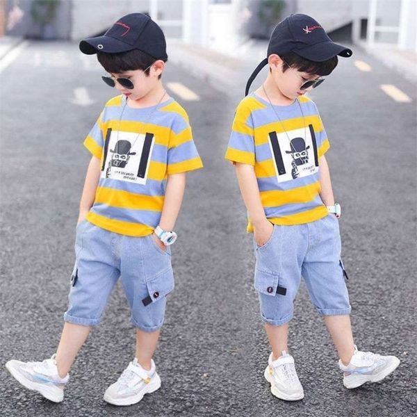 Yaz Bebek Erkek Giysileri Takım Elbise Şerit Pamuk T-shirt + Kot Pantolon 2 adet Set Bebek Doğan Giyim 3 4 5 6 7 8 9 10 11 12 Yıl 220326