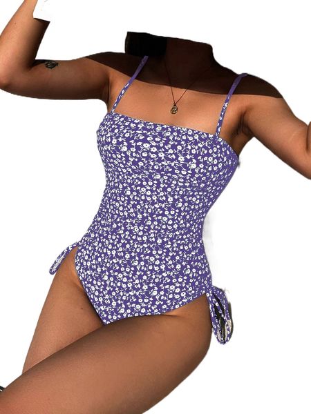 

ditsy floral print drawstring one piece swimsuit s8ao#, White;black