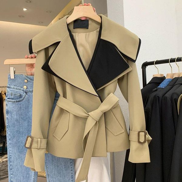 

women vintage trench coats lapel long sleeve loose fit windbreaker fashion spring autumn, Tan;black