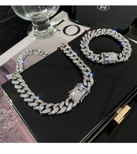 Colar de pulseiras com elo cubano de corrente hiphop para homens e mulheres cheio de diamantes pedra prata ouro joias