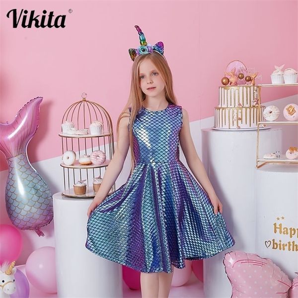 VIKITA Abito senza maniche estivo per bambini Bambini Modello a sirena Stampa Mesh Tulle Abiti da sera per feste di compleanno Abiti da spiaggia 220426