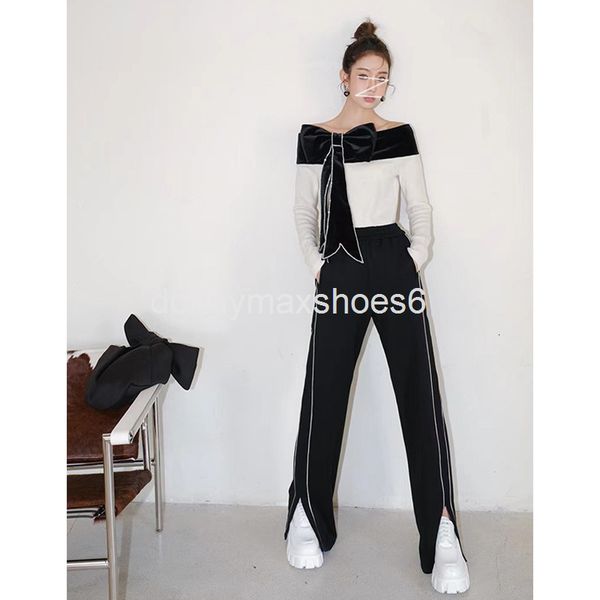 

two piece dress design sense niche age reduction suit autumn and winter diamond studded bow line neck split leg pants, White