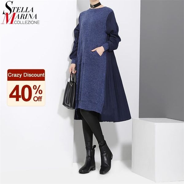 

winter woman long sleeve blue black woolen patchwork sweater dress pocket pleated back ladies loose casual midi dress robe 3030 210322, Black;gray