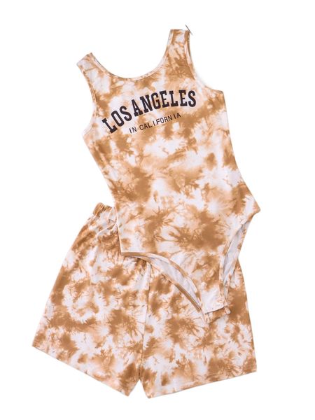 

tie dye letter graphic tank bodysuit with shorts z3ln#, White