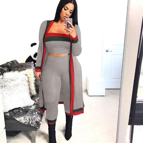 

2020 new arrival black striped 3 pieces sets casual outfits long cloak strapless overalls bodysuit women clothing sets costumes pl302i, Black;gray