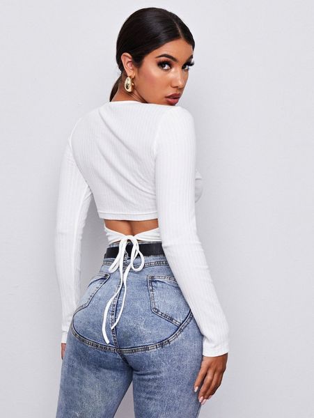 

tie back rib-knit crop tee 71mi#, White
