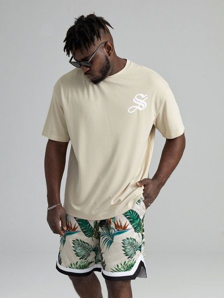 

extended sizes men letter graphic tee and tropical shorts set w58n#, Gray