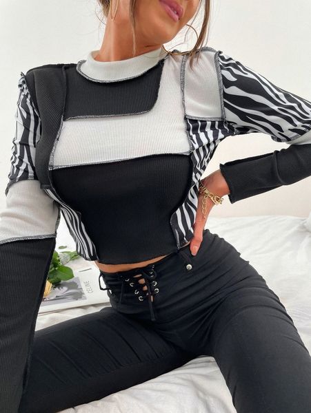 

mock neck stitch trim colorblock crop tee s62r#, White