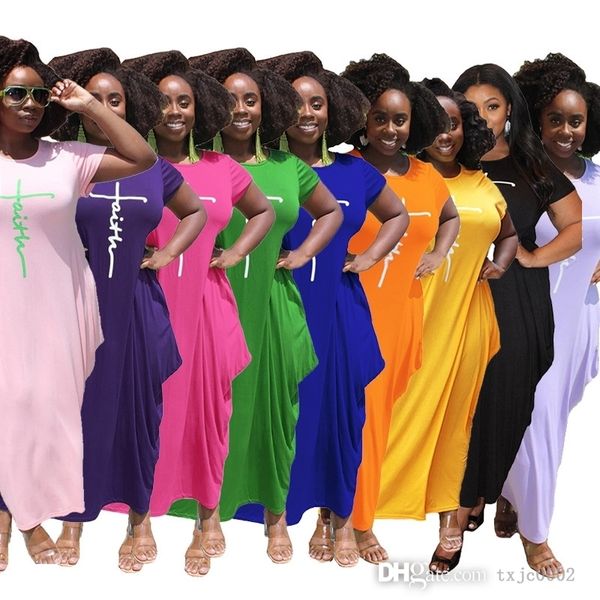 

plus size womens casual dresses 2022 designer clothes fashion letter printed round neck short sleeve irregular hem loose maxi dress s-5xl, Black