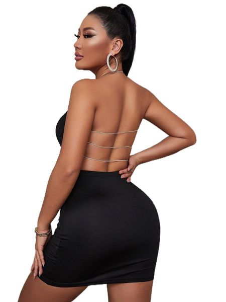 

sxy r.hinestone straps b.ackless h.alter neck b.odycon d.ress 41nq#, Black;gray