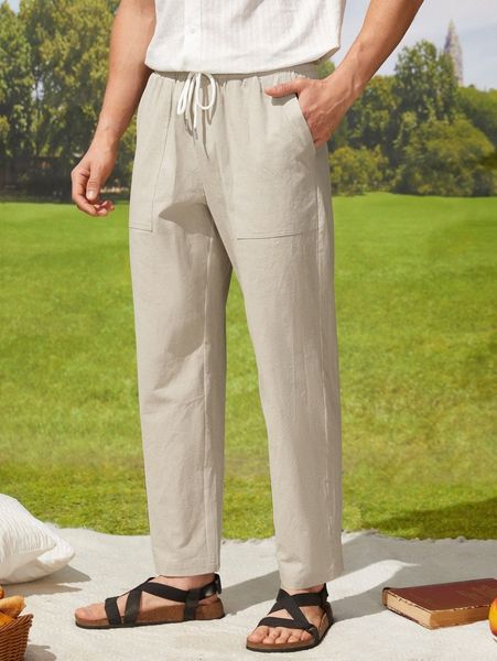 

men 1pc drawstring waist straight leg pants h5dq#, Black
