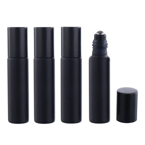 10 ml leere frostmatte schwarze Glas-Stahlroller-Massageflasche, tragbare Kosmetikverpackung, Augencreme, ätherisches Öl, Probe, nachfüllbare Flasche