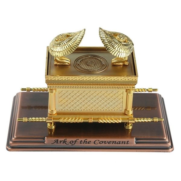 Liga de judaísmo de Israel A arca da estátua de réplica da aliança ouro revestido com o conteúdo da arca Aaron haste 220711