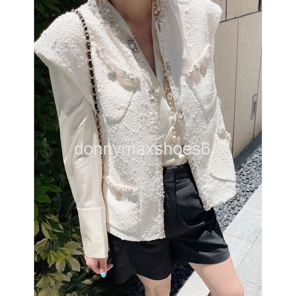 

women's vests small fragrant wind nail bead inlaid diamond tweed vest 21 spring and summer celebrity multi pocket loose coat, Black;white