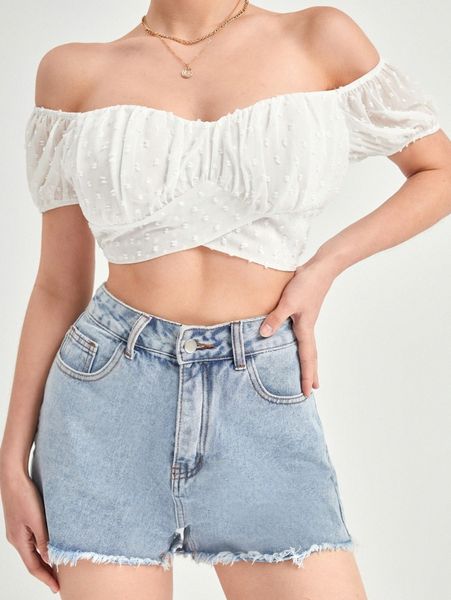 

swiss dot cross wrap puff sleeve crop 78oz#, White