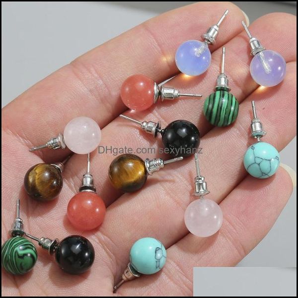 

stud earrings jewelry 10mm natural stone crystal tiger eye rose quartz turquoises amethyst opal beads earring for w dh1es, Golden;silver