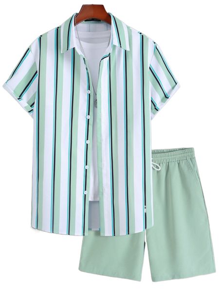 

men random striped shirt & solid shorts without tee s2kr#, Gray