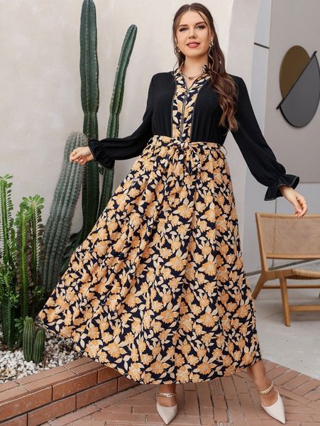 

plus floral print flounce sleeve belted dress h22o#, Black