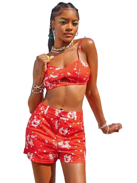 

x lee chester splash ink print cut out cami & shorts 74bk#, White