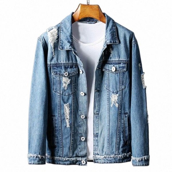 

men's distressed hole denim jacket fashion lapel long sleeve blue slim out wear youth male casual streetwear jackets n7o2#, Black;brown