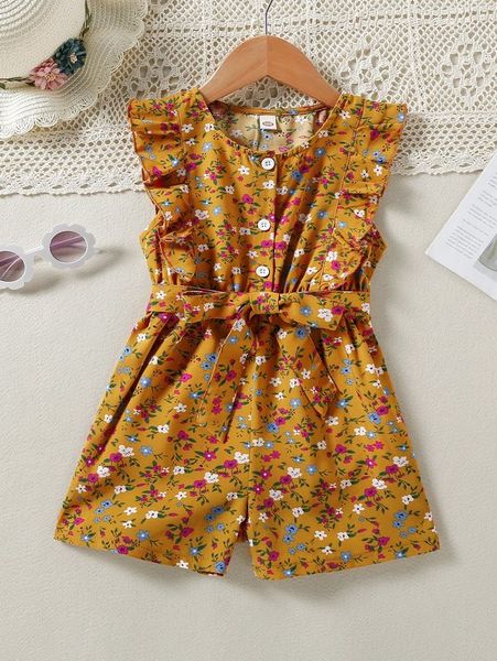 

toddler girls ditsy floral ruffle trim belted romper she, Blue