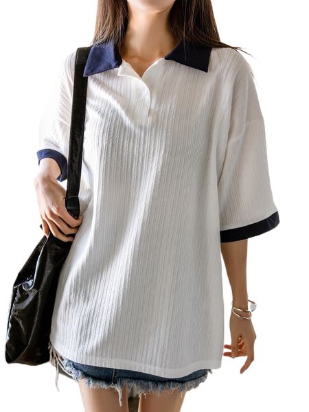 

dazy contrast collar drop shoulder oversized tee 906c#, White