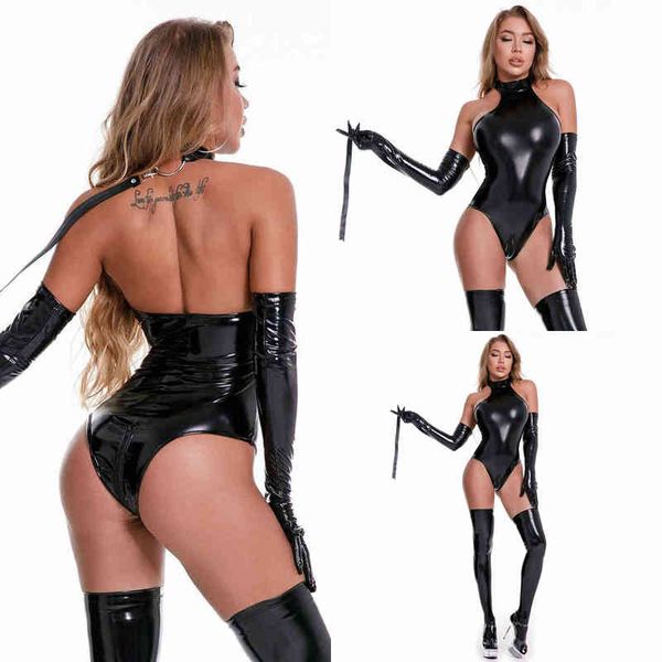 

nxy set pvc faux leather latex zentai catsuit wetlook jumpsuit pu bodysuit lingerie club wear overalls with belt gloves stockings 1125, Red;black
