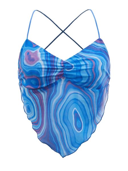 

marble print ruched criss cross backless bandana hem mesh cami a3yr#, White