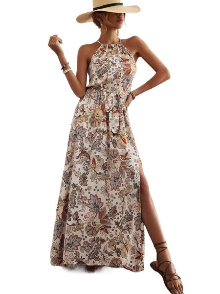 

floral tie back split thigh belted halter dress i0ah#, Black;gray