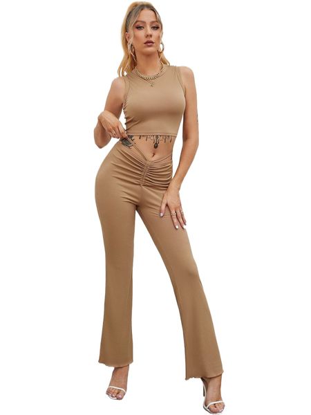

solid tank & tie back pants set v180#, White