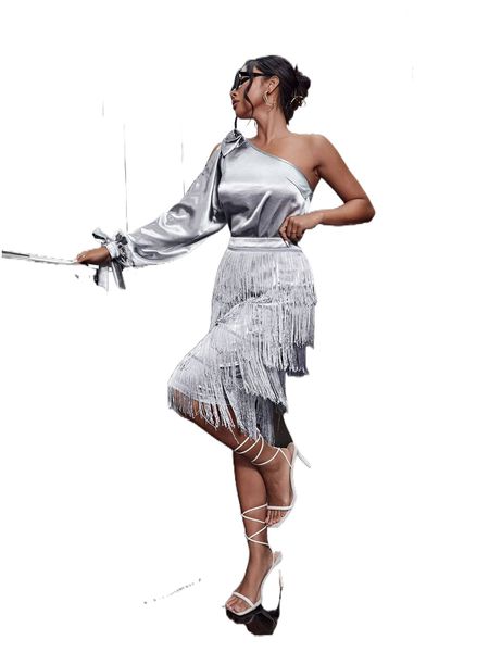 

one shoulder knot split sleeve & tiered layered tassel trim skirt c7fy#, White