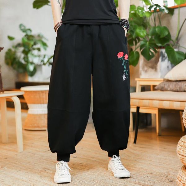 Pantaloni da uomo Autunno Uomo Harem Elastico in vita Ricamo floreale Pantaloni maschili Stile cinese Cotone Lino Jogger allentato Taglia grande Uomo