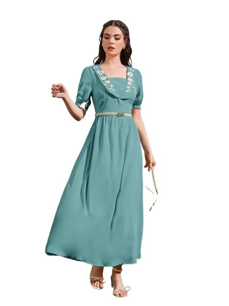 

floral embroidery square neck flounce sleeve a-line dress l8we#, Black;gray