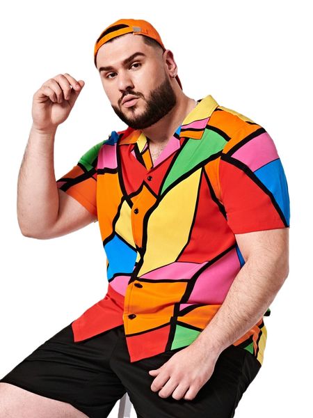 

extended sizes men geo print shirt i4xj#, White;black