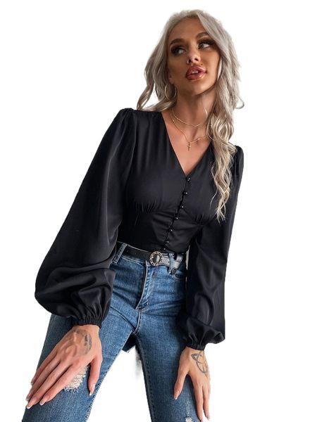 

button-front long bishop sleeve o3ft#, White
