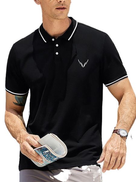 

men antler print contrast trim polo shirt r7vg#, White;black
