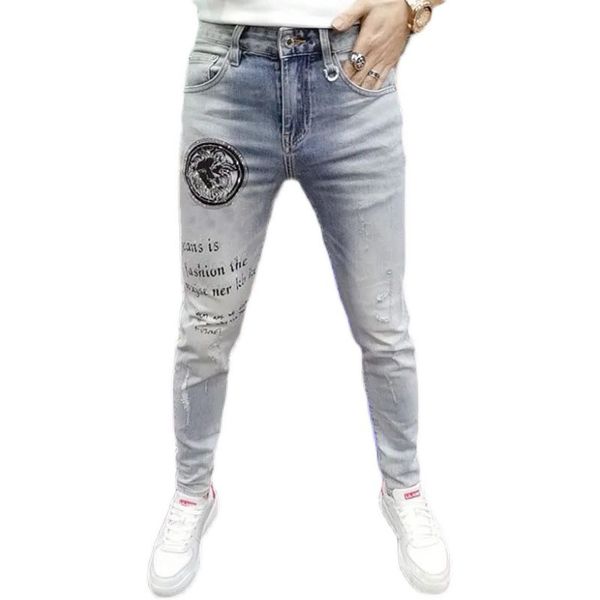 

men's ripped jeans light color diamond printing fashion slim small feet, Blue