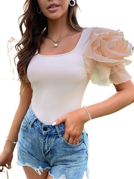 

contrast mesh layered sleeve square neck blouse b3yv#, White