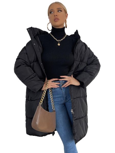 

drop shoulder hooded zipper puffer coat 239r#, Black