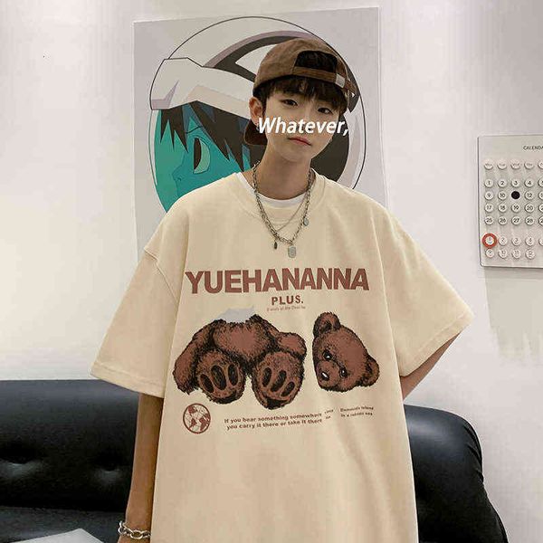 

designer men's t-shirt summer cotton short cartoon bear print half sleeve t round neck casual men's top, White;black