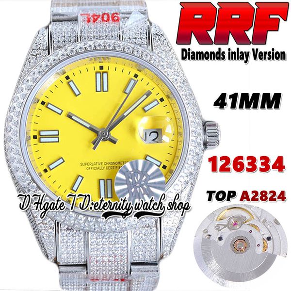 

rrf latest ew126334 a2824 automatic mens watch jh124300 bf126333 stick markers yellow dial 41mm 904l steel iced out diamond bracelet super e, Slivery;brown