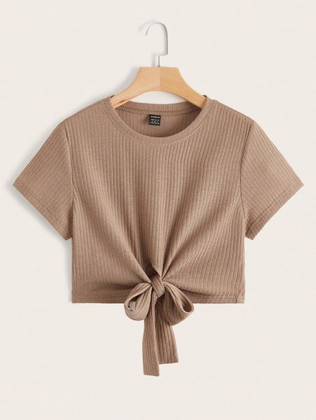 

tie front rib-knit crop tee z4lr#, White