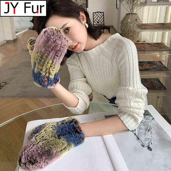 

lady real fur gloves handmade good elastic knitted % natural rex rabbit fur mittens girls winter warm soft genuine fur glove t220730, Blue;gray