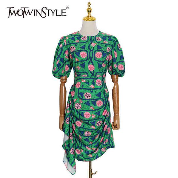 

green patchwork floral dress for women o neck puff sleeve high waist ruched mini slim dresses female fashion 210423, Black;gray