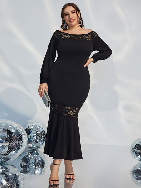 

plus guipure lace insert off shoulder mermaid hem dress i5f2#, Black