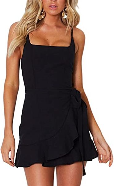 

& tees women's dress shoulder strap waist tie wrap front pleated hem short dress, White
