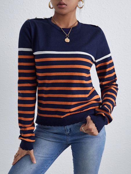 

striped pattern scallop trim sweater 593w#, White;black