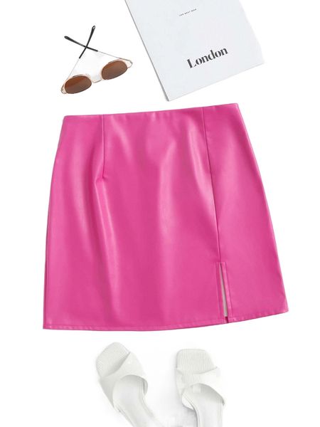 

split hem pu leather skirt g5ut#, Black